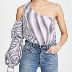 Petersyn Striped Poplin Cotton Blouse Puffed One Shoulder Tiered Blue Small NWT